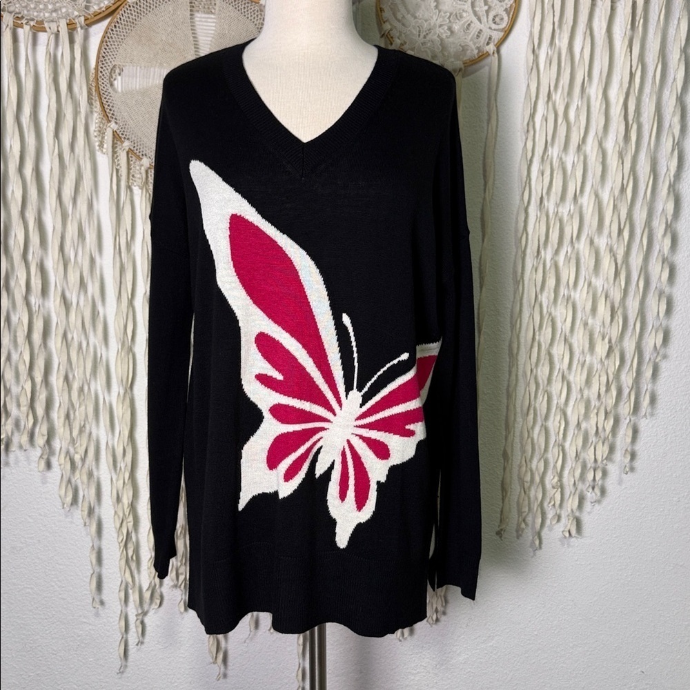 Laurie Felt Los Angeles Cashmere Blend V-Neck Butterfly Sweater Black and Pink S